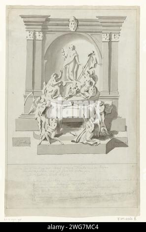 Entwurf eines Grabdenkmals für Joan Derk van der Capellen nach den Pol, Bartholomeus Zijnsenis, nach J. Garchie, in oder nach 1785 Zeichnung Entwurf für ein allegorisches Grabdenkmal und Ovalporträt von Joan Derk van der Capellen zu den Pol, starb am 6. Juni 1784. Skulpturengruppe allegorischer Figuren, die um das Grab herum gesammelt wurden. Unter der Ausführung eine Erläuterung der vorgeschlagenen Zahlen mit den Buchstaben A-G. Nördliche Niederlande Grabbau aus Papier, monumentales Grab Stockfoto