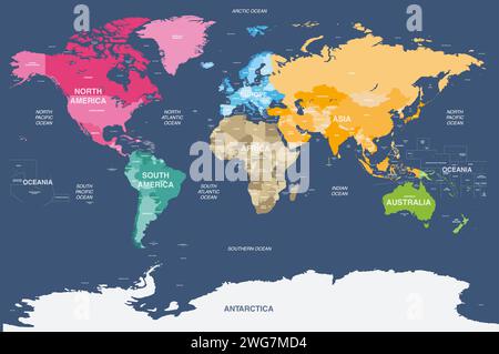 Weltkartenvektor hochdetaillierte Illustration mit Namen von Ländern, Kontinenten, Ozeanen, Hauptmeeren und Seen. Länder, die nach Kontinenten gefärbt sind Stock Vektor
