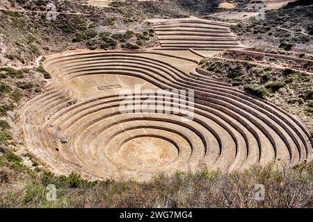 Die konzentrischen Felswände an dieser historischen Stätte in Moray gelten als eine antike Versuchsfarm der Inka. Stockfoto