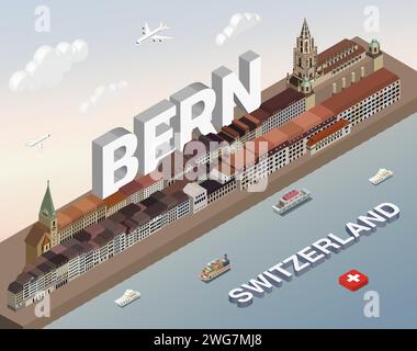 3D isometrische Skyline der Schweizer Stadt Bern. Vektorabbildung Stock Vektor