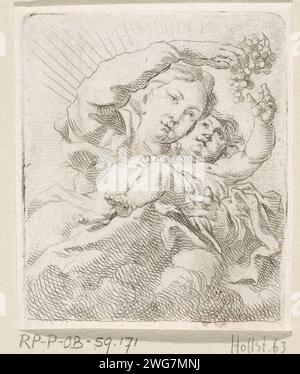 Madonna mit Kind, Cornelis Schut (I), 1618–1655 Druck Maria sitzt auf einer Wolke und hält das Christuskind auf ihrem Schoß. Er greift nach den Trauben, die Maria in ihrer erhobenen Hand halten. Papier, das Christus-Kind akzeptiert, nach etwas greift  Madonna-Darstellungen Stockfoto