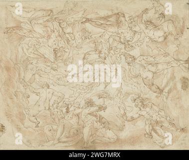 Olympus, Giulio Campi (möglicherweise), 1500–1600 Zeichnung des Olympus: Entwurf für ein Deckengemälde. Papier. Tinte. Kreide die olympischen Götter zusammen: Jupiter, Juno, Neptun, Ceres, Apollo, Diana, Mars, Venus, Quecksilber, Minerva, Vulcan, Vesta (oder Bacchus) Stockfoto
