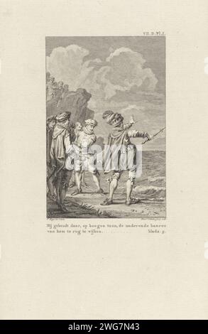 Knoet der große versucht, die Wellen weichen zu lassen, Reinier Vinkeles (I), nachdem Jacobus 1786 Knout der große, König von England, Dänemark und Norwegen, kauft, versucht vergeblich, die Wellen weichen zu lassen, um zu zeigen, dass die Elemente mächtiger sind als er. Oben rechts: VIID.PL.I. Unten rechts: Seite 9. Amsterdam Papiergravur Küste (+ Landschaft mit Figuren, Personal). Zepter, Stab (Symbol der Souveränität). Arm nach vorn gestreckt – AA – beide Arme oder Hände Stockfoto