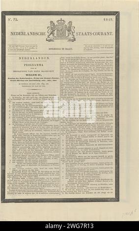 Nederlandsche Staats-Courant. Donnerstag, 29. März. Nr. 75. 1849, 1849 Kopie des niederländischen Regierungsblatts vom 29. März 1849 mit dem Programm der Beerdigung des verstorbenen Königs Willem II. Am 3-4. April 1849. Oben eine Vignette mit der nationalen Waffe. Doppelt gefaltetes Blatt mit schwarzen Trauerrändern, auf allen vier Seiten bedruckt. Der Haager Papier-Buchdruck Stockfoto