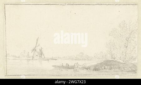 Wasserreiche Landschaft mit Mühle, Pieter de Molijn, 1650 - 1660 Zeichnung wasserreiche Landschaft mit Mühle; rechts eine Baumgruppe. Papier. Kreide-Windmühle in der Landschaft. fluss Stockfoto