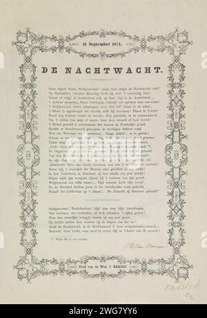 KermisStrent von der Amsterdam Night Watch for the Year 1871, Witwe J. Bakels, 1871 Druck KermisStrent von der Amsterdam Night Watch, 11. September 1871. Gedicht im ornamentalen Rahmen. Amsterdam Papier Buchdruck Amsterdam Stockfoto