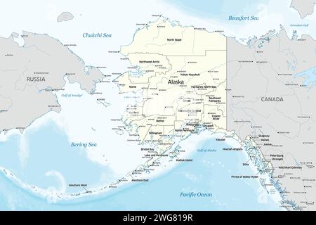 Politische Karte mit den Countys, die den US-Bundesstaat Alaska bilden Stockfoto