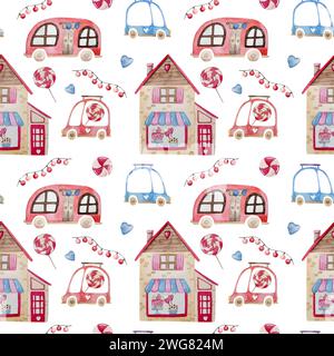 Die handgezeichnete Aquarellillustration zeigt Ein nahtloses Muster zum Valentinstag mit Autos, Herzen und Cupcakes für den 14. Februar Stockfoto