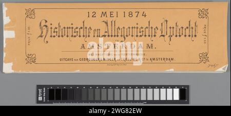 Historisch verkleidete Prozession in Amsterdam anlässlich des 25-jährigen Jubiläums von König Wilhelm III. Im Jahr 1874 (Omslag), 1874 gedruckter Umschlag eines Ordners, in dem eine Serie von 24 Aufzeichnungen der kostümierten historischen und allegorischen Parade in Amsterdam am 12. Mai 1874 in Amsterdam stattfand; im Rahmen der Feierlichkeiten während der Feier des 25-jährigen Jubiläums von König Wilhelm III Öffentliche Amsterdamer Papierfestlichkeiten bei anderen königlichen Veranstaltungen, die oben nicht gemeint oder erwähnt wurden (+ Parade, Wettbewerb, Kavalcade  festliche Aktivitäten). Kostüme, die bei Wettbewerben in Amsterdam verwendet werden Stockfoto