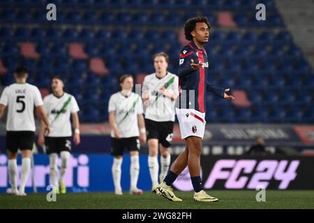 Foto Massimo Paolone/LaPresse 3 Febbraio 2024 - Bologna, Italia - Sport, calcio - Bologna vs Sassuolo - Campionato italiano di calcio Serie A TIM 2023/2024 - Stadio Renato Dall'Ara. Nella Foto: Joshua Zirkzee (Bologna FC) osserva dopo il gol di Kristian Thorstvedt (US Sassuolo) 0-1. Februar 2024 Bologna, Italien - Sport, calcio - Bologna vs Sassuolo - italienische Fußballmeisterschaft der Serie A 2023/2024 - Renato Dall'Ara Stadion. Im Bild: Joshua Zirkzee (Bologna FC) sieht nach dem Tor von Kristian Thorstvedt (US Sassuolo) 0-1 weiter Stockfoto