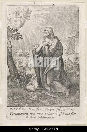 Christus im Hof van Getsemane, Raphaël Sadeler (I), 1617 Druck Münchner Papierstich Qual Christi: Um ihn zu trösten erscheinen Christus ein oder mehrere Engel mit Kelch und/oder Kreuz Stockfoto