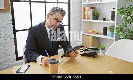 Attraktiver, grauhaariger, junger hispanischer Mann, voll konzentriert auf die Arbeit in seinem Büro, Notizen auf dem Touchpad, gutaussehender Profi mit Bart, gla Stockfoto