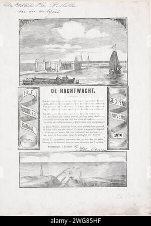 Neujahrswunsch der Amsterdamer Nachtwache für das Jahr 1877, Anonym, 1876 - 1877 Neujahrswunsch der Amsterdamer Nachtwache (Ratelwacht) für das Jahr 1877 drucken. Zentral ein Gedicht in vier Versen über den Nordseekanal, geöffnet am 1. November 1876, und Bilder vom westlichen Zugang und der Mündung des Nordseekanals in IJmuiden. Amsterdam Papier Buchdruck Nordseekanal. IJmuiden Stockfoto