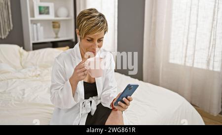 Lächelnde Frau mit kurzen blonden Haaren genießt Kaffee, während sie ihr Smartphone in einem hellen Schlafzimmer benutzt. Stockfoto