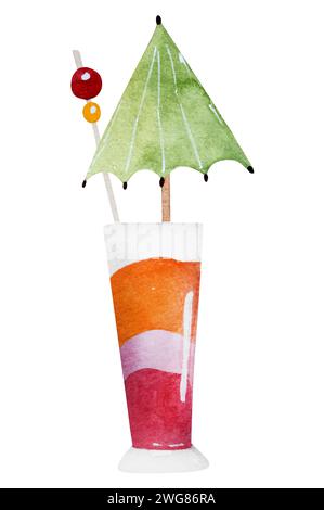 Handgezeichnetes Vektor-Bild Eines bunten Cocktails mit einem Regenschirm, Eine Aquarellillustration auf Einem Urlaubsthema, ist Ein Clipart auf Einem weißen Hintergrund Stock Vektor