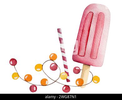 Handgezeichnetes Vektorbild Einer Sommer-themenbezogenen Aquarellillustration mit rosa Eiscreme auf Einem Stock verziert mit Girlande Clipart auf Einem weißen Hintergrund Stock Vektor