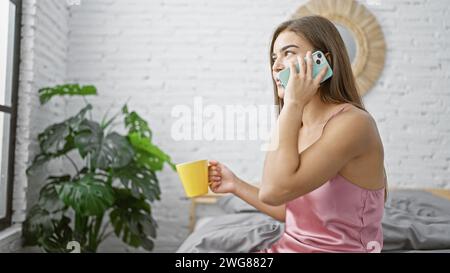 Entspannte junge hispania Schönheit, bequem auf dem Bett mit Kaffee, voll wach, vertieft in einen ernsten Anruf in einem gemütlichen Schlafzimmer Stockfoto