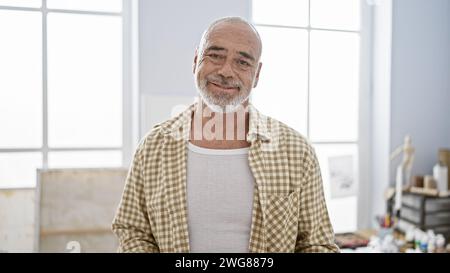 Lächelnder Seniorenmann mit Bart, der in einem Kunststudio mit Leinwänden und Malutensilien steht. Stockfoto