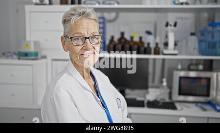 Selbstbewusste und lächelnde grauhaarige Wissenschaftlerin genießt ihre Arbeit und sitzt glücklich im Labor zwischen Mikroskop und Reagenzgläsern Stockfoto