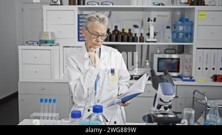 Tief in Gedanken, eine grauhaarige Senior Wissenschaftlerin, die ein faszinierendes medizinisches Buch in ihrem Labor studiert und liest. Stockfoto