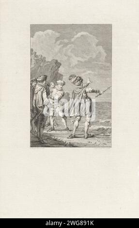 Knoet der große versucht, die Wellen weichen zu lassen, Reinier Vinkeles (I), nachdem Jacobus 1786 Knout der große, König von England, Dänemark und Norwegen, kauft, versucht vergeblich, die Wellen weichen zu lassen, um zu zeigen, dass die Elemente mächtiger sind als er. Amsterdam Papiergravur Küste (+ Landschaft mit Figuren, Personal). Zepter, Stab (Symbol der Souveränität). Arm nach vorn gestreckt – AA – beide Arme oder Hände Stockfoto