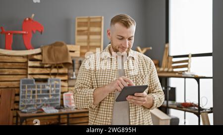 Ein hübscher junger Mann mit Bart, der eine Tablette benutzt, in einer gut organisierten Tischlerei. Stockfoto