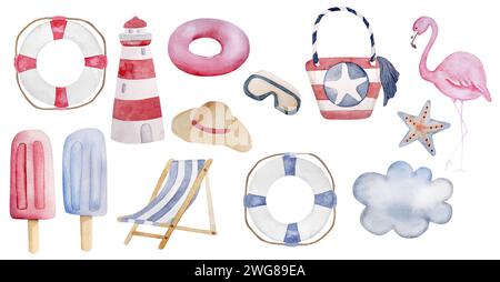 Handgemalte Aquarellbilder Umfassen Lifebuoy, Hut, Eis, Flamingo, Leuchtturm, Und Andere Sommer-Clipart Stockfoto