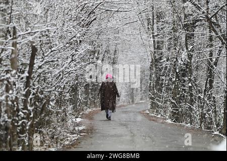 Srinagar, Indien. Februar 2024. SRINAGAR, INDIEN - 3. FEBRUAR: Ein Mann spaziert während eines Schneefalls am 3. Februar 2024 in Srinagar, Indien. Das Kaschmir-Tal war Zeuge einer langen Trockenheit in diesem Winter, wobei der Großteil der Chilla-i-Kalan -- die 40 Tage harte Winterperiode, in der die Wahrscheinlichkeit von Schneefall maximal und am häufigsten ist -- trocken blieb. (Foto: Waseem Andrabi/Hindustan Times/SIPA USA) Credit: SIPA USA/Alamy Live News Stockfoto