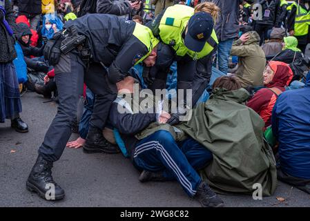 Den Haag, Südholland, Niederlande. Februar 2024. Die niederländische Polizei hat einen Klimaaktivisten unter Druck gesetzt. Am 3. Februar 2024 blockierten Klimaaktivisten die Autobahn A12 in den Haag, Niederlande. Die Forderung nach dieser Demonstration war ein Ende der Subventionen für fossile Brennstoffe durch die niederländische Regierung. (Kreditbild: © James Petermeier/ZUMA Press Wire) NUR REDAKTIONELLE VERWENDUNG! Nicht für kommerzielle ZWECKE! Quelle: ZUMA Press, Inc./Alamy Live News Stockfoto