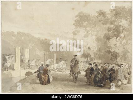 Wagen der Prins, die von der Auffahrt von Huis Ten Bosch, Charles Rochussen, 1855 Zeichenpapier läuft. Bleistift. Aquarellstift / Pinsel öffentliche Gärten, Park. Vierrädriges, tierisches Fahrzeug, z. B.: Fahrerhaus, Wagen, Reisebus. Pferd Stockfoto