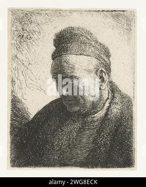 Bartloser Mann in Pelzmantel und Kappe: Bust, Rembrandt van Rijn, 1631 Druck Ein Mann mit Pelzmütze auf und Pelzmantel auf, leicht nach unten schauend. Niederlande Papierätzung / Gravur alter Mann (+ Dreiviertelansicht). Kopf – Zahnrad (mit NAME) Stockfoto