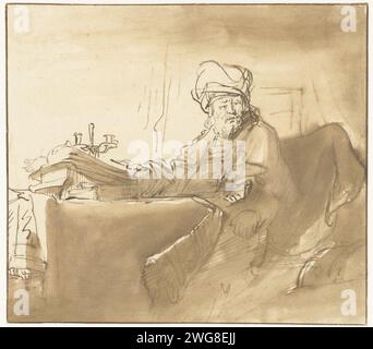 Orientalischer Gelehrter an einem Tisch, Salomon Koninck (zugeschrieben), nach Ferdinand Bol, 1641–1656 Zeichenpapier. Tinte. Kreidestift / Pinselgelehrter in seinem Studium. Kopfschutz: Turban. Buch - MM - Buch geöffnet Stockfoto
