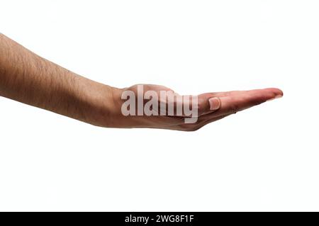 Freigestellte Aufnahme einer Seitenansicht einer Männerhand mit isolierter Handfläche auf weißem Hintergrund Stockfoto