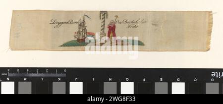 Doggersbanklint, anonym, in oder nach 1781 Druck. Ribbon (Material) Eine niederländische Fregatte mit einer Flagge, auf der „Batavier“ steht, und einer Ehrenkolumne für Baron Bentinck, die trauernde niederländische Jungfrau. Hinweis auf den Sieg in der Seeschlacht bei Doggersbank am 5. August 1781 zwischen der niederländischen und der englischen Flotte und den Tod von Wolter Jan Gerrit Baron Bentinck am 23/24. August 1781. Präsentation auf einem Seidenband, das als Dekoration getragen wurde. Niederländische Seidenätzschlacht (+ Marinestreitkräfte). Personifizierungen von Ländern, Nationen, staaten, Bezirken usw. Grab, Grab und andere Grabformen und Stockfoto