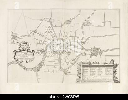 Karte der Belagerung von Leiden, 1573-1574, Jan Voters, nach Joost Jansz. Bilhamer, nach T. Reets, in oder nach 1717 Druck Benefies der Stadt Leiden in den Jahren 1573-1574 von den Spaniern. Karte mit Karte der Stadt und der Umgebung nach Leiderdorp und de Kwakel, mit allen Sonnenschirmen in der Gegend. Links eine Kartusche mit dem Titel und dem Stadtwappen, rechts eine Kartusche auf einem Sockel mit der Legende 1-49 in Niederländisch. Nordholland Papierätzung / Gravur Belagerung, Position Krieg. Stadtpläne. Wappen (als Symbol des Staates usw.) (+ Stadt; Gemeinde) zu führen. Stockfoto