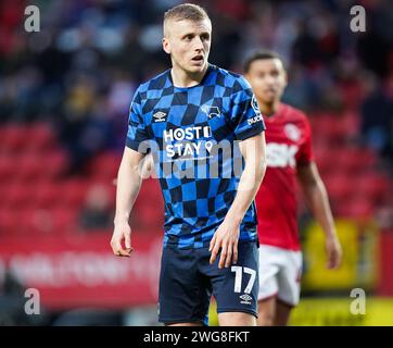 LONDON, ENGLAND - 3. FEBRUAR: Louie Sibley aus Derby County während des Spiels der Sky Bet League One zwischen Charlton Athletic und Derby County at the Valley am 3. Februar 2024 in London. (Foto: Dylan Hepworth/MB Media) Stockfoto