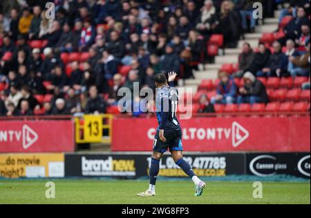 LONDON, ENGLAND – 3. FEBRUAR: Nathaniel Mendez-Laing aus Derby County, nachdem er sein Tor erzielt hatte, um es 0-1 beim Spiel der Sky Bet League One zwischen Charlton Athletic und Derby County at the Valley am 3. Februar 2024 in London zu erreichen. (Foto: Dylan Hepworth/MB Media) Stockfoto