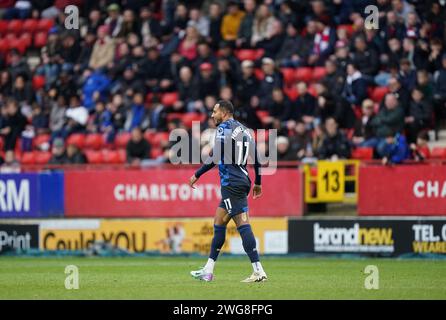 LONDON, ENGLAND – 3. FEBRUAR: Nathaniel Mendez-Laing aus Derby County, nachdem er sein Tor erzielt hatte, um es 0-1 beim Spiel der Sky Bet League One zwischen Charlton Athletic und Derby County at the Valley am 3. Februar 2024 in London zu erreichen. (Foto: Dylan Hepworth/MB Media) Stockfoto