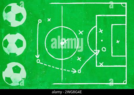 Grüne Wand mit Fußball- oder Fußball-Design-Vorlage, kostenloser Kopierraum Stockfoto