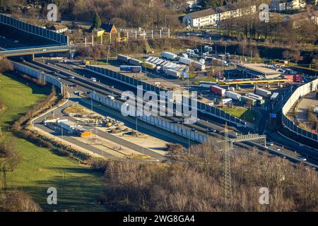 Luftbild, Serways Rastplatz Bottrop-Süd und Baustelle Rastplatz Schwarze Heide, Autobahn A2 und Schallschutzwände, Fuhlenbrock, Bottrop, Ruhrgebiet, Nordrhein-Westfalen, Deutschland ACHTUNGxMINDESTHONORARx60xEURO *** Luftansicht, Serways Rastplatz Bottrop Süd und Baustelle Rastplatz Schwarze Heide, Autobahn A2 und Lärmschutzwände, Fuhlenbrock, Bottrop, Ruhrgebiet, Nordrhein-Westfalen, Deutschland ATTENTIONxMINDESTHONORARx60xEURO Stockfoto