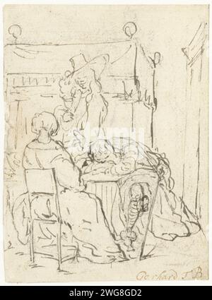 Trinkszene mit einer sitzenden Dame, einem schlafenden Soldaten und einem stehenden Herrn, 1655 - 1661 Eine Trinkszene mit einer sitzenden Dame, auf dem Rücken gesehen, ein schlafender Soldat mit Köpfen auf den Armen am Tisch und ein stehender Herr zwischen dem Tisch und dem Boxbett im Hintergrund. Deventer-Papier. Tinte. Kreideschlaf; Bewusstlosigkeit Stockfoto