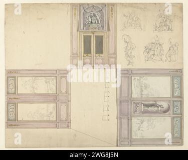 Entwurf für die Dekoration von drei Wänden eines Raumes, Jurriaan Andriessen, ca. 1752 - ca. 1819 Zeichnung Entwurf für die Dekoration von drei Wänden eines Raumes, mit festgeklemmten Varianten. Papier. Aquarell (Farbe). Tinte. Graphit (Mineral) Stift/Pinsel Stockfoto