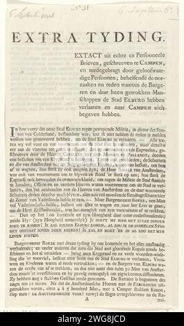 Nachricht über die Evakuierung Elburgs, 1786, Anonym, 1786 Textblatt Patriots Nachricht über die Evakuierung von Bürgern und Männern von Elburg nach Kampen am 4. September 1786. Beidseitig bedrucktes Blatt. Nord-Niederlande Papier Buchdruck Elburg. Probleme Stockfoto