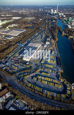 Luftbild, am Westhafen, CTH Container Terminal am Rhein-Herne-Kanal, hinten das STEAG Heizkraftwerk Herne, Unser Fritz, Herne, Ruhrgebiet, Nordrhein-Westfalen, Deutschland ACHTUNGxMINDESTHONORARx60xEURO *** Luftansicht, am Westhafen, CTH Containerterminal am Rhein-Herne-Kanal, hinter dem KWK-Kraftwerk STEAG Herne, Unser Fritz, Herne, Ruhrgebiet, Nordrhein-Westfalen, Deutschland ACHTUNGxMINDESTHONORARx60xEURO Stockfoto