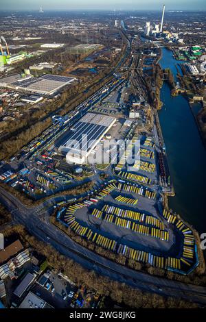 Luftbild, am Westhafen, CTH Container Terminal am Rhein-Herne-Kanal, hinten das STEAG Heizkraftwerk Herne, Unser Fritz, Herne, Ruhrgebiet, Nordrhein-Westfalen, Deutschland ACHTUNGxMINDESTHONORARx60xEURO *** Luftansicht, am Westhafen, CTH Containerterminal am Rhein-Herne-Kanal, hinter dem KWK-Kraftwerk STEAG Herne, Unser Fritz, Herne, Ruhrgebiet, Nordrhein-Westfalen, Deutschland ACHTUNGxMINDESTHONORARx60xEURO Stockfoto