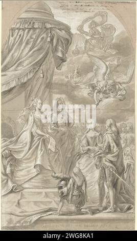 Allegorie bei der Hochzeit von Erzherzogin Maria Anna von Österreich und Karel Alexander van Lotharingen, 1744, 1744 Zeichnung Allegorie bei der Hochzeit von Erzherzogin Maria Anna von Österreich und Karel Alexander van Leharingen, 7. Januar 1744 und der Ernennung des Paares zum Generalgouverneur über die österreichischen Niederlande. Kaiserin Maria Theresia und Kaiser Frans Stefanus, die neben dem Thron unter Bangopijn stehen, hält die Kaiserin ein Dokument (die Ernennungseinnahmen) in der Hand. Vor ihnen steht das Brautpaar mit einer knienden Seite und in der Luft ein Engel (Genie) mit der Hochzeitsfackel. In t Stockfoto