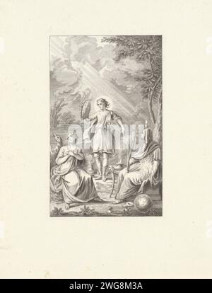 Allegorie mit zwei Personifizierungen und einer jungen Frau, Reinier Vinkeles (I), 1751–1816 Druck allegorische Darstellung mit der Personifizierung der Vorsicht mit einer Schlange und einem Spiegel und der Personifizierung des wahren Glaubens mit einem brennenden Herzen auf dem Kopf. Sie werden von einer jungen Frau begleitet. Amsterdamer Spiegel mit Ätzung und Gravur aus Papier. Prudentia (Prudence) als römische Personifikation. Fides (glaube) als römische Personifikation Stockfoto