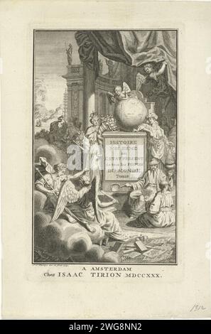 Völker verschiedener Kontinente, Jan Caspar Philips, 1730 drucken Landschaft mit einer architektonischen Nische, in der sich Vertreter der Völker verschiedener Kontinente versammelt haben. In der Geschichte des Vorgrundes, die in ihrem Buch steht. Begleitet wird sie von einer Frau in der Hand der Justiz, die auf das Denkmal verweist, auf dem der Titel auf Französisch. Auf dem Denkmal ein Putto auf einer Kugel. Amsterdamer Papiergravur „Historia“; „Historia“ (Ripa). Globus. Menschliche Rassen, Völker, Nationalitäten. Hand, Arm der Gerechtigkeit (Symbol der Souveränität) Stockfoto