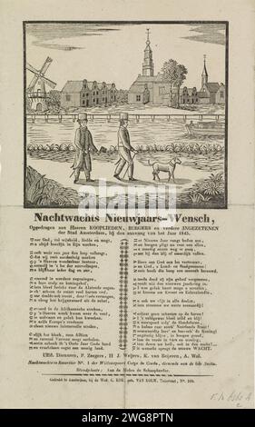 Neujahrswunsch der Amsterdamer Nachtwache für das Jahr 1845, Dirk Wijbrand Tollenaar, 1844 - 1845 drucken Neujahrswunsch der Amsterdamer Nachtwache (Ratelwacht) für das Jahr 1845. Zwei Mitglieder der Nachtwache laufen mit einer Ratsche und einem Hund entlang des Vaart bei Sloterdijk. Mit einem Vers in zwei Spalten. Im Namen der Nachtwache in Kwartier Nr. 1 des Willemspoort Corps de Garde, der für die 6. Sektion: P. Zeegers, H. J. Weijers, K. van Beijeren und A. WOL dient. Druckerei: Niederlandsprinter: Amsterdam Papier Buchdruck Nachtpatrouille. Straße Amsterdam. Sloterdijk. Haarlemmer Stockfoto