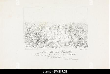 Schlacht von Waterloo, 1815, Nicolaas Pieneman, nach Jan Willem Pieneman, 1830–1850 Print die Schlacht von Waterloo, 18. Juni 1815. Blick auf das Schlachtfeld in dem Moment, als der englische Kommandant Wellington hört, dass preußische Hilfe auf der Straße ist. Der verwundete Willem, Prinz von Orange, wird nach links in den Vordergrund gebracht. Die Kommandeure und andere Offiziere zu Pferd sind in der Mitte, im Vordergrund verletzte und tote Soldaten. Die Kämpfe toben auf dem Schlachtfeld im Hintergrund. Unten rechts sind die Größen in Rijnlandse Feet. Niederlande Papierschlacht (+ Landstreitkräfte) Waterloo Stockfoto